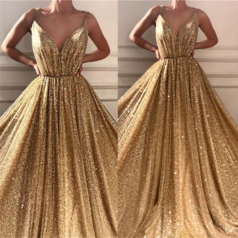 Glamorous Sequins Spaghetti Straps Long Prom Dress | Sparkle V Neck Sleeveless Gold Prom Dress