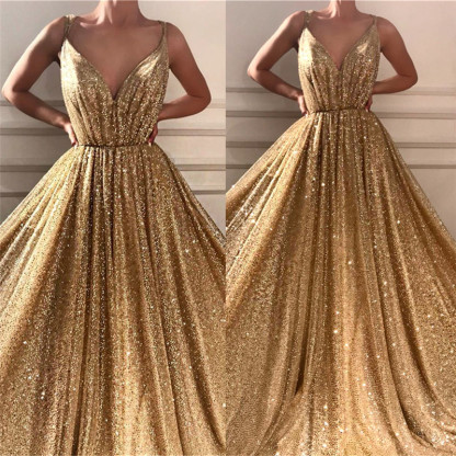 Glamorous Sequins Spaghetti Straps Long Prom Dress | Sparkle V Neck Sleeveless Gold Prom Dress