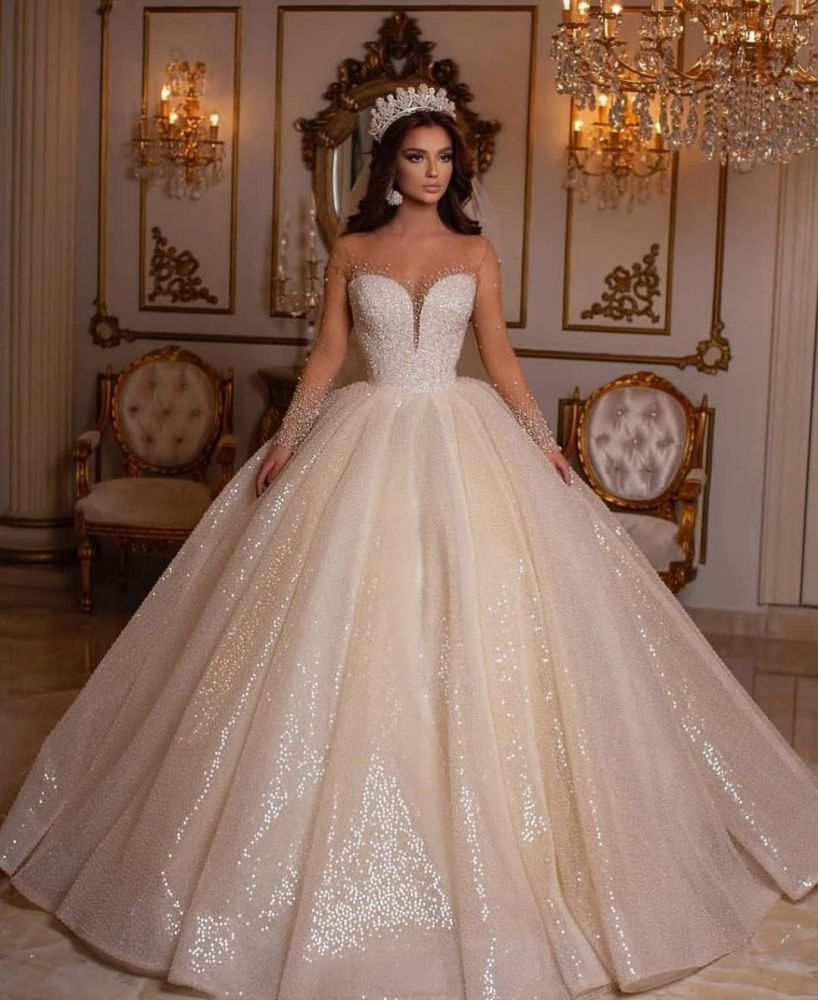Luxury Sweetheart Sparkly Sequins Bridal Gown Long Sleeves