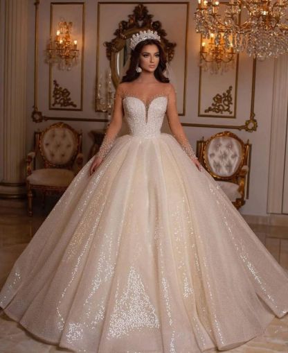 Luxury Sweetheart Sparkly Sequins Bridal Gown Long Sleeves