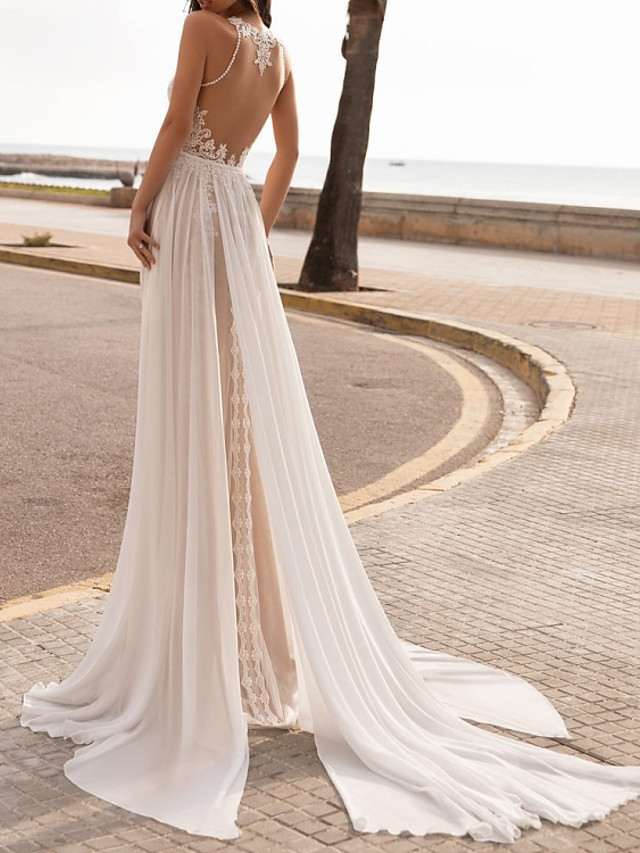 High neck Lace Empire Ivory Chiffon Wedding Dresses
