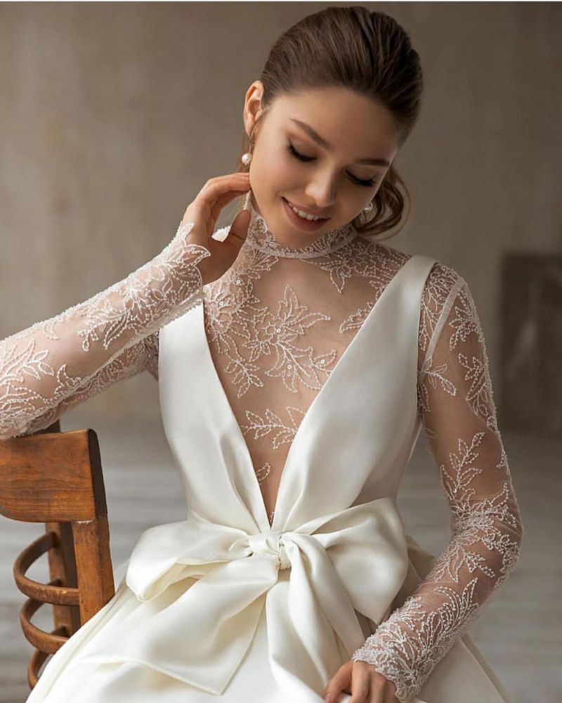 Elegant Deep V-Neck Satin Wedding Dress with Sweep Train Long Sleeves BowTie Aline Bridal Dress
