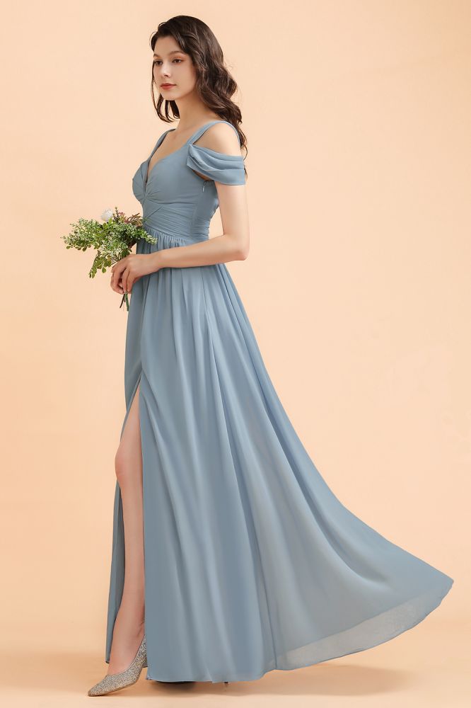 Grey Blue Off Shoulder Chiffon Bridesmaid Dress with Side Slit Straps Wedding Party Dress