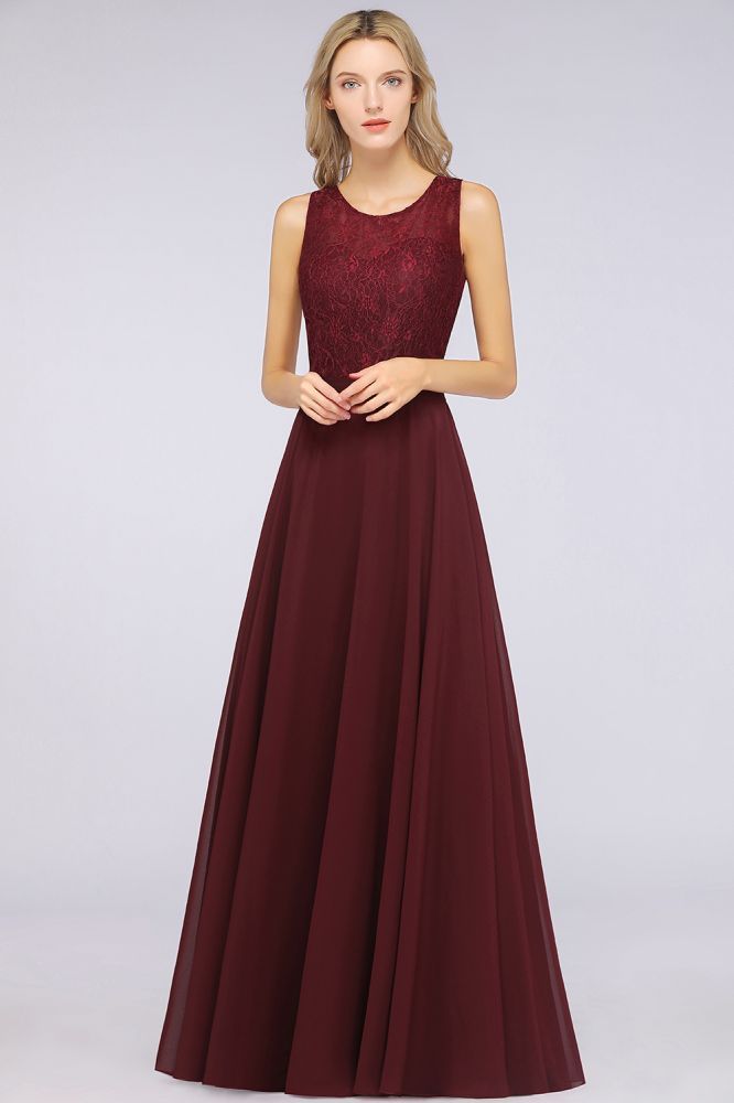 Chiffon A-Line Lace Jewel Sleeveless Hollowout Long Bridesmaid Dress