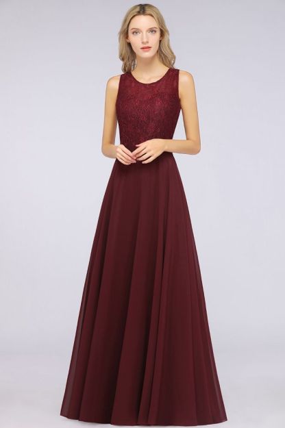 Chiffon A-Line Lace Jewel Sleeveless Hollowout Long Bridesmaid Dress