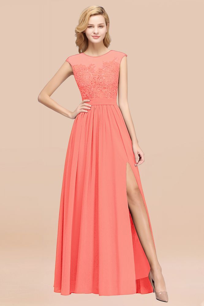 A-line Chiffon Lace Jewel Sleeveless Floor-Length Bridesmaid Dresses with Appliques