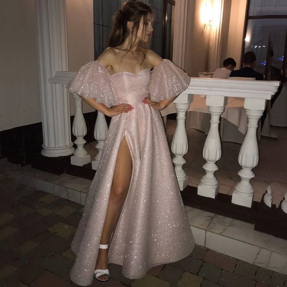 Sparkle Pearl Pink Sequined High Split A-line Prom Dress with Bracelet