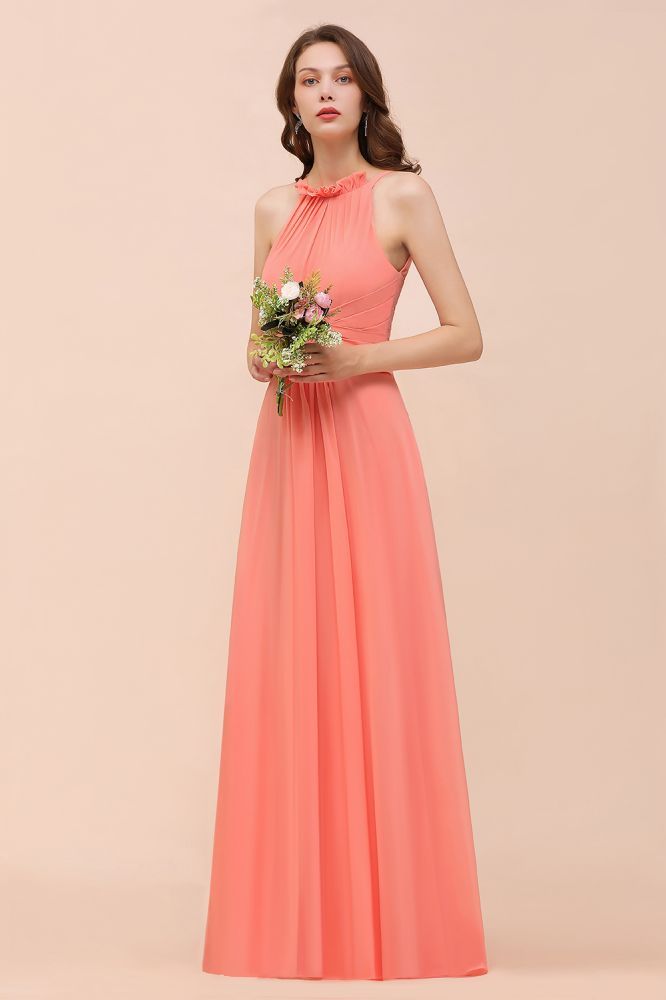 Sexy Coral Wrinkles Chiffon Long bridesmaid Dress Sleeveless Aline Wedding Guest Dress