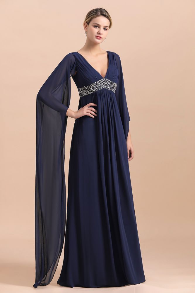 Dark Navy Deep V-neck High waist A-line Beaded Belt Mother Dresses