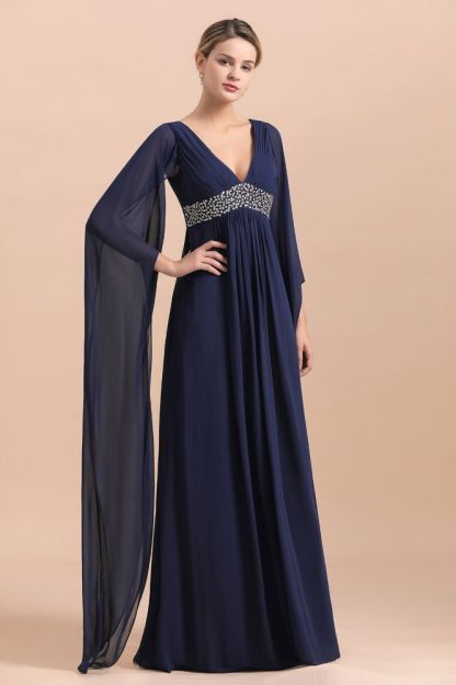 Dark Navy Deep V-neck High waist A-line Beaded Belt Mother Dresses
