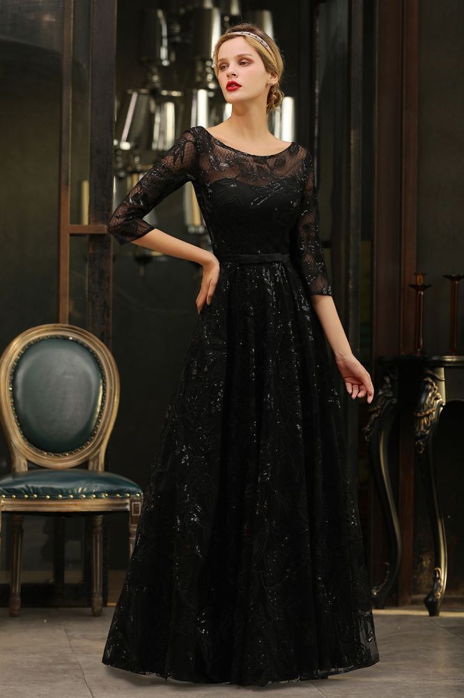 Acacia | Scoop neck Long Sleeves Black Prom Dresses with Sparkly Floral Designs