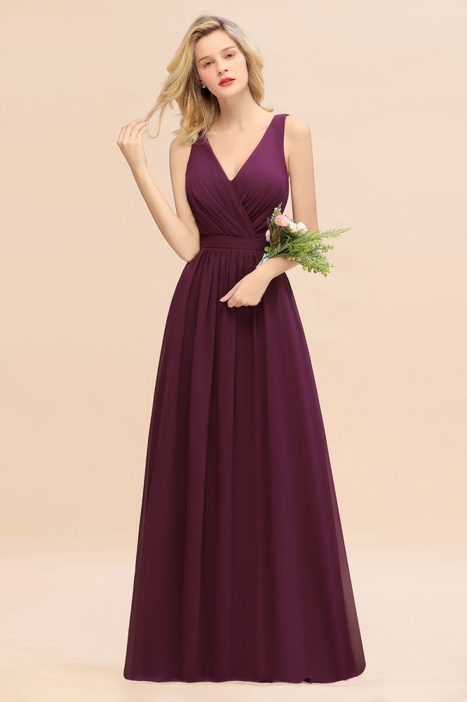 V-Neck A-line Evening Maxi Dress Sleeveless Chiffon Bridesmaid Dress