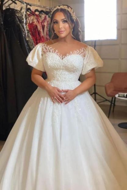 Bubble Sleeves Sweetheart White Ball Gown Wedding Dresses