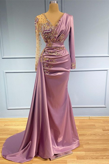 Long sleeves Dusty Pink Satin V-neck Long Prom Dresses