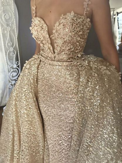 Shiny Sequins V Neck Spaghetti Straps Appliqued Prom Dresses With Detachable Skirt | Champagne Evening Gowns-Babyonlinewholesale