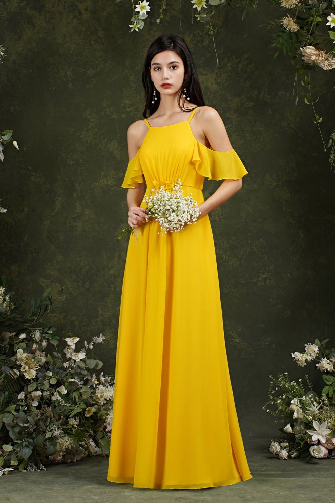 Beautiful Yellow Off-the-Shoulder Ruffles A-Line Chiffon Bridesmaid Dress With Pockets