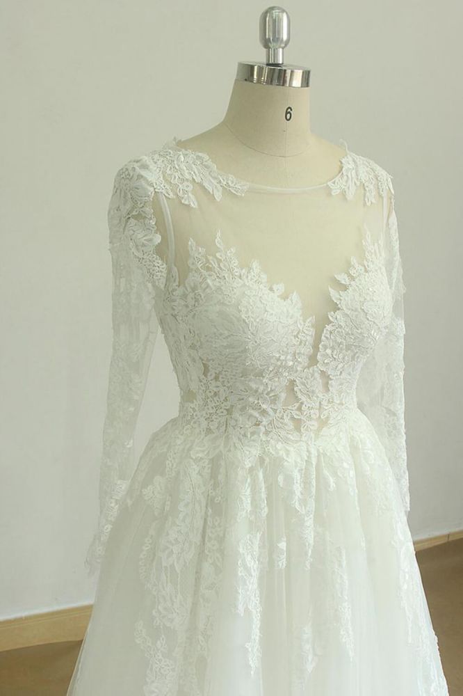 Long sleeves Illusion neck White Lace Wedding Dresses