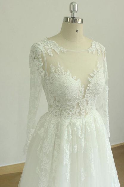 Long sleeves Illusion neck White Lace Wedding Dresses