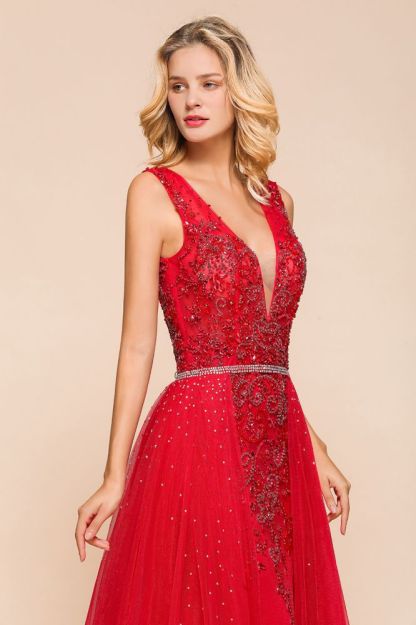 Sexy Open Back Plunging V-neck Sleeveless Ruby Red A-line Prom Dress with Beaded Belt