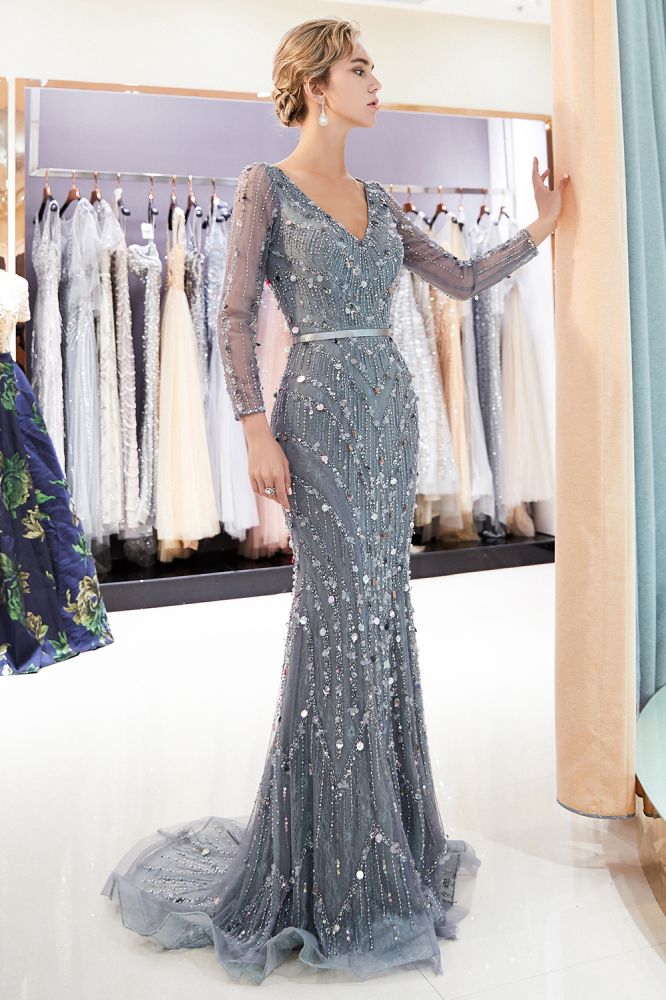 MAVIS | Mermaid Long Sleeves V-neck Sequins Evening Gowns with Sash