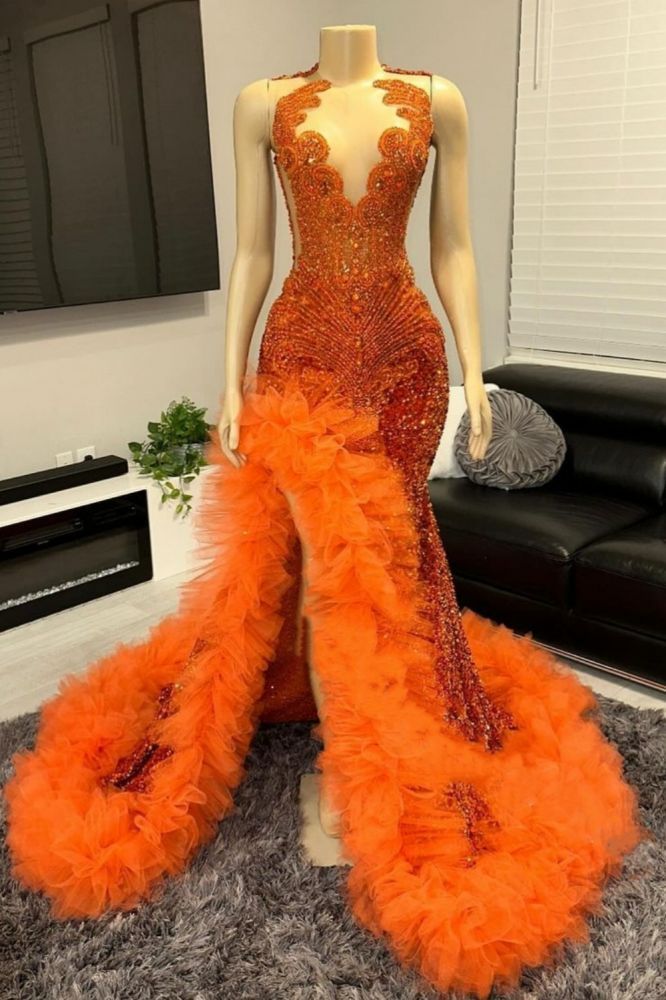 Sexy Crew Neck Sleeveless Orange Beadings Mermaid Prom Dress Side Slit Floor Length Tulle Evening Dress-Babyonlinewholesale