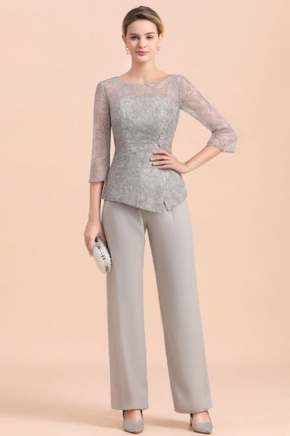 Elegant 3/4 Sleeves Silver Jumpt Suit Wedding Wear for Mother of the Bride