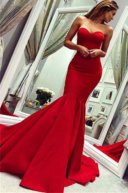 Sey Red Satin Mermaid Sleeveless Sweetheart Floor Length Backless Prom Dresses | Evening Gowns With Zipper-Babyonlinewholesale