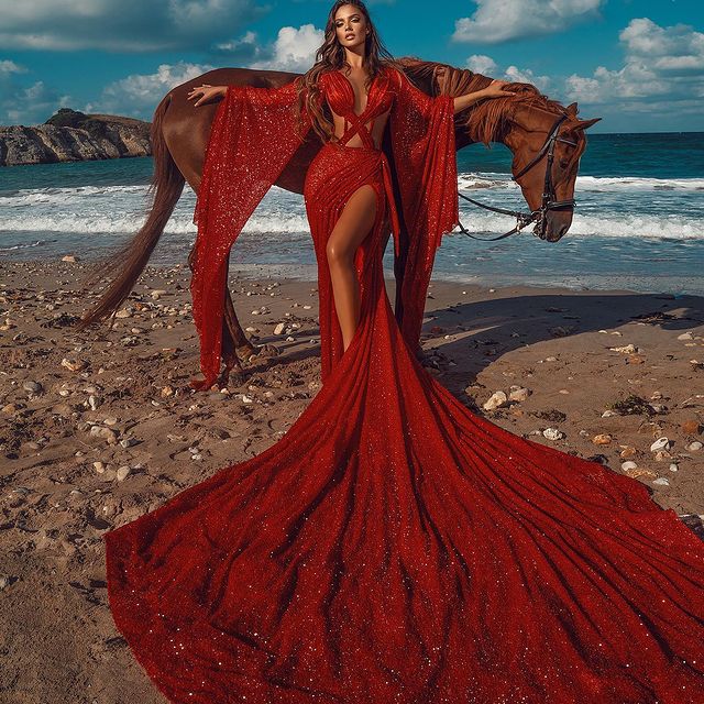Sparkle Red Extreme Long Train Sexy Criss-cross Long sleeves Prom Dress