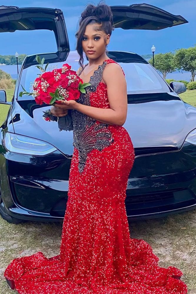 Black sequined Burgundy Floor length Prom Dresses