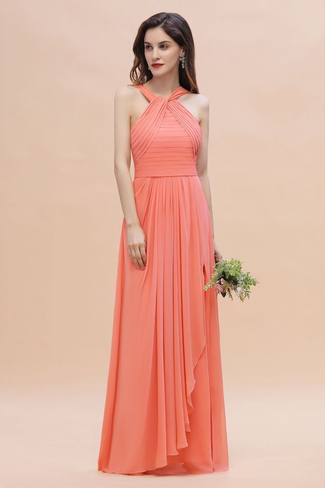 Cross Neck Chiffon Long Bridesmaid Dress Coral Beach Wedding Guest Dress
