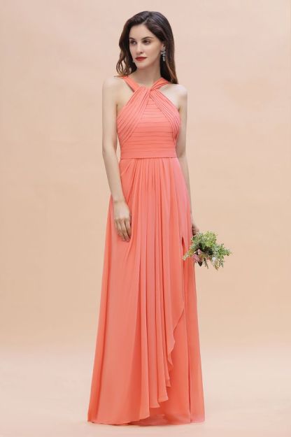 Cross Neck Chiffon Long Bridesmaid Dress Coral Beach Wedding Guest Dress