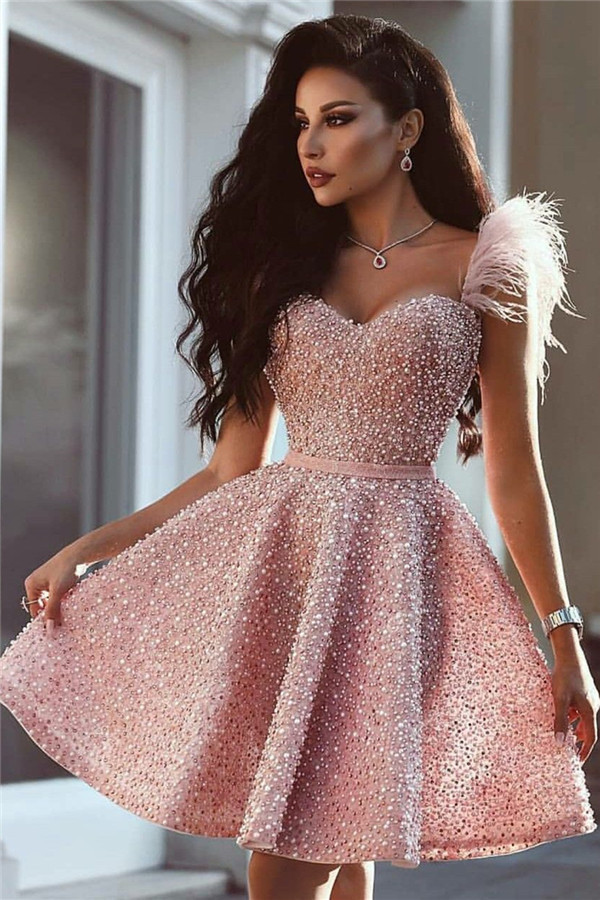 Full Beads Pink Short Evening Dress | Sleeveless Luxury Cute Fur Homecoming Dress
