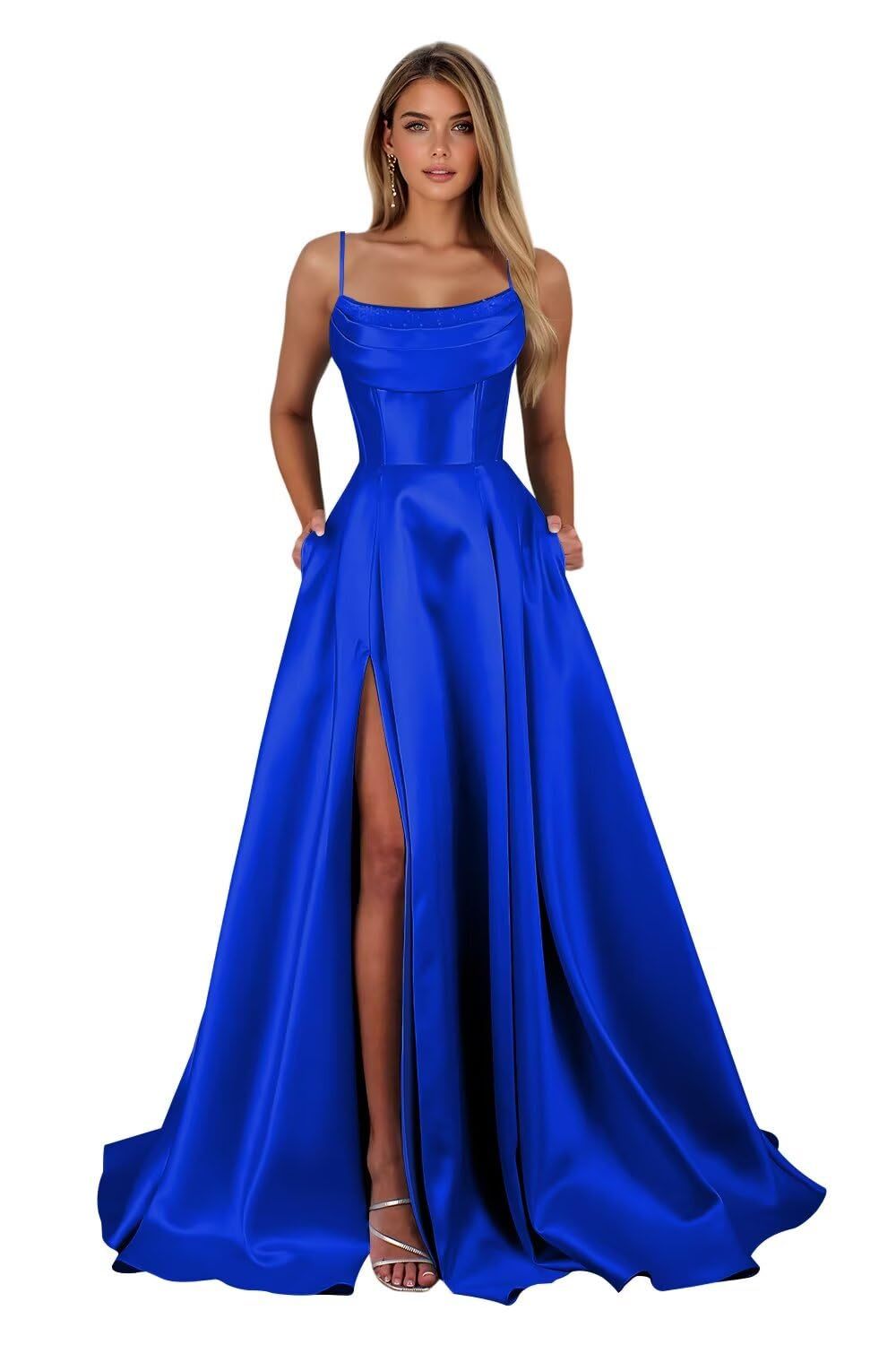 Spaghetti Straps Ruched Satin Prom Dresses Sleeveless Maxi Formal Evening Gown with Slit