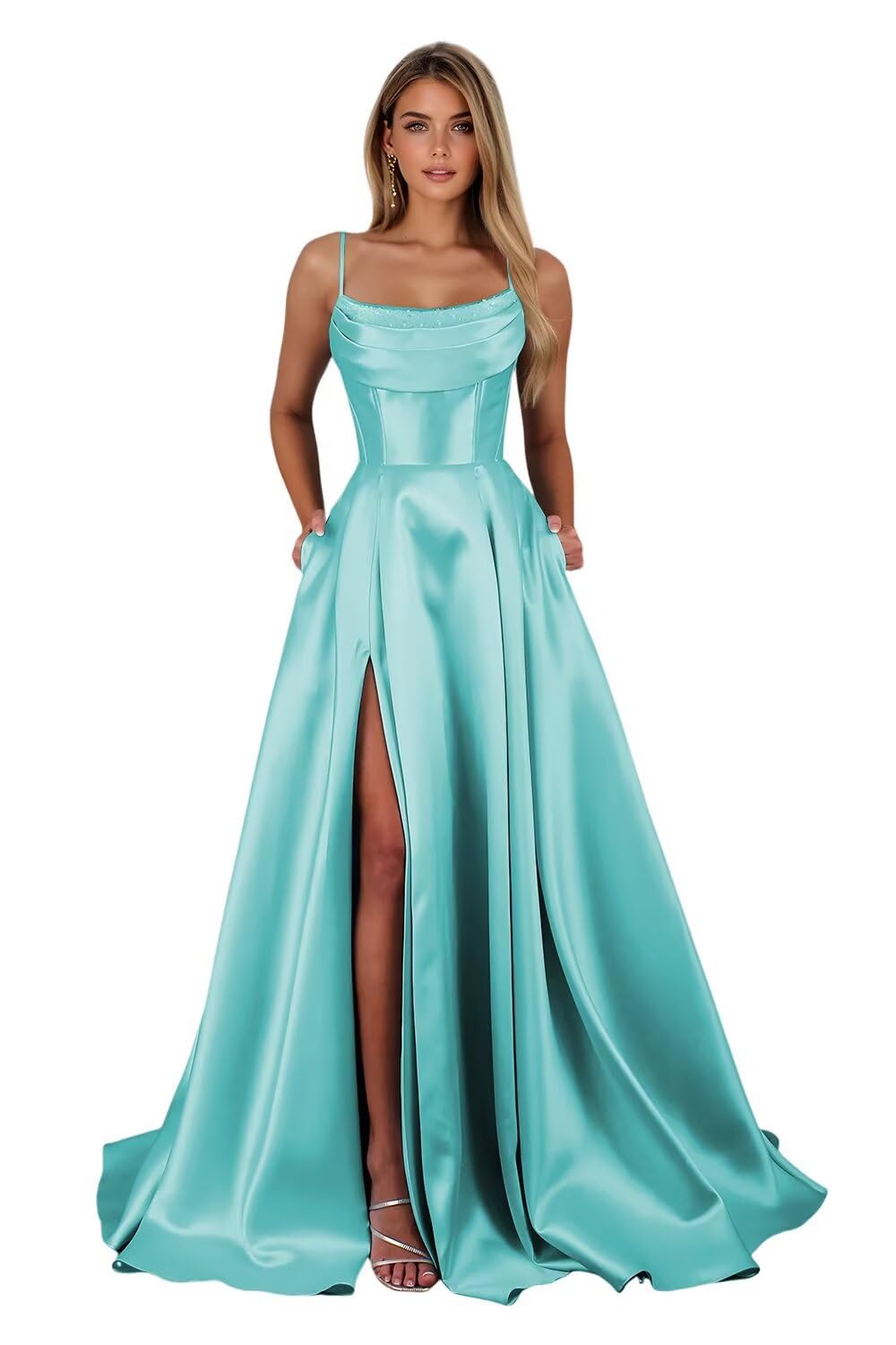 Spaghetti Straps Ruched Satin Prom Dresses Sleeveless Maxi Formal Evening Gown with Slit