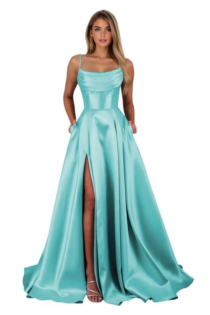 Spaghetti Straps Ruched Satin Prom Dresses Sleeveless Maxi Formal Evening Gown with Slit
