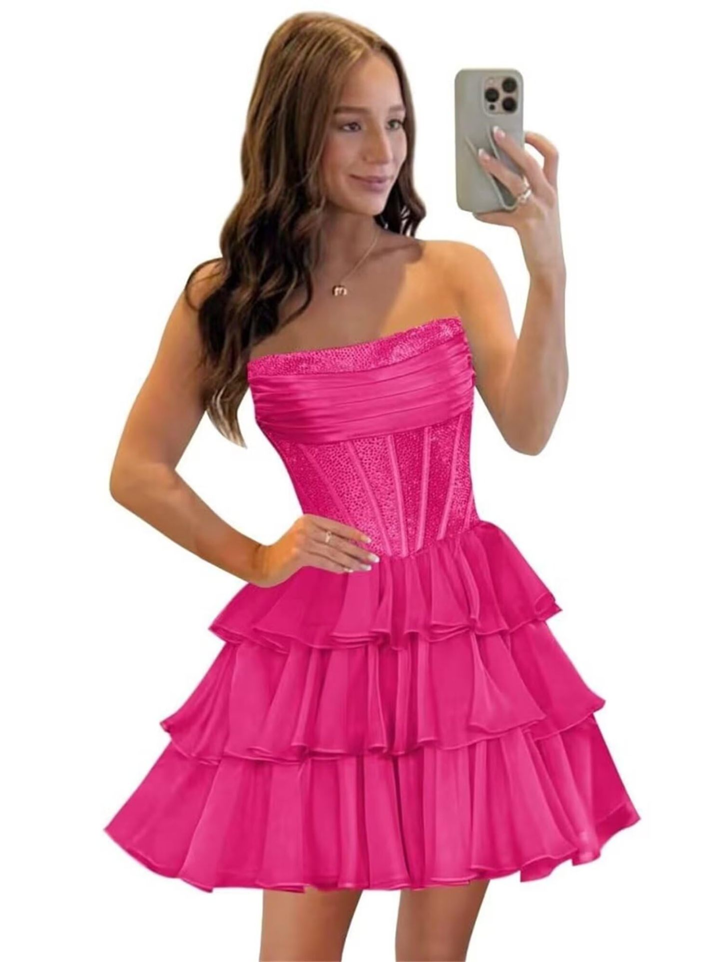 Strapless Sequin Chiffon Tiered Homecoming Dresses| A-Line Ruched Corset Short Prom Dresses