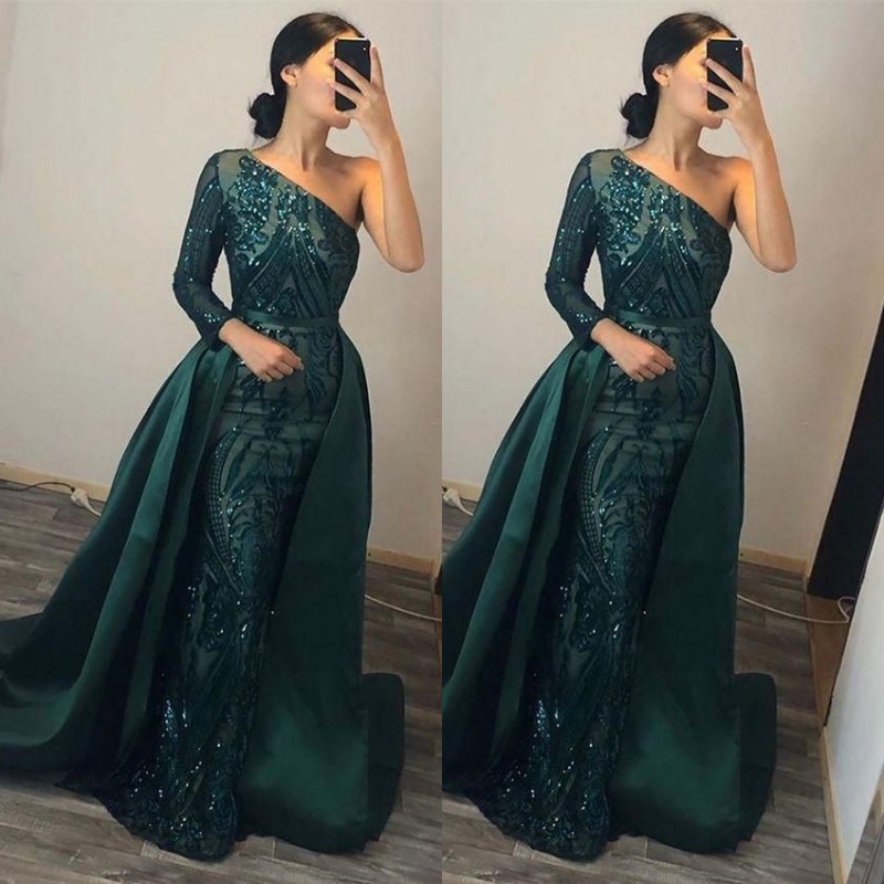 Dark Green One shoulder Court Train Evening Dresses with Overskirt