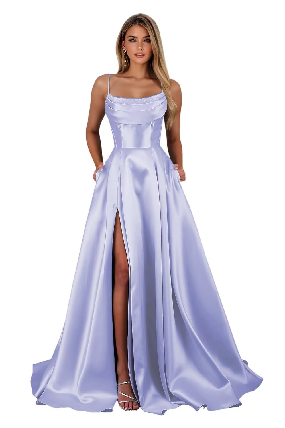 Spaghetti Straps Ruched Satin Prom Dresses Sleeveless Maxi Formal Evening Gown with Slit