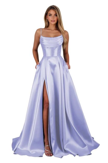 Spaghetti Straps Ruched Satin Prom Dresses Sleeveless Maxi Formal Evening Gown with Slit