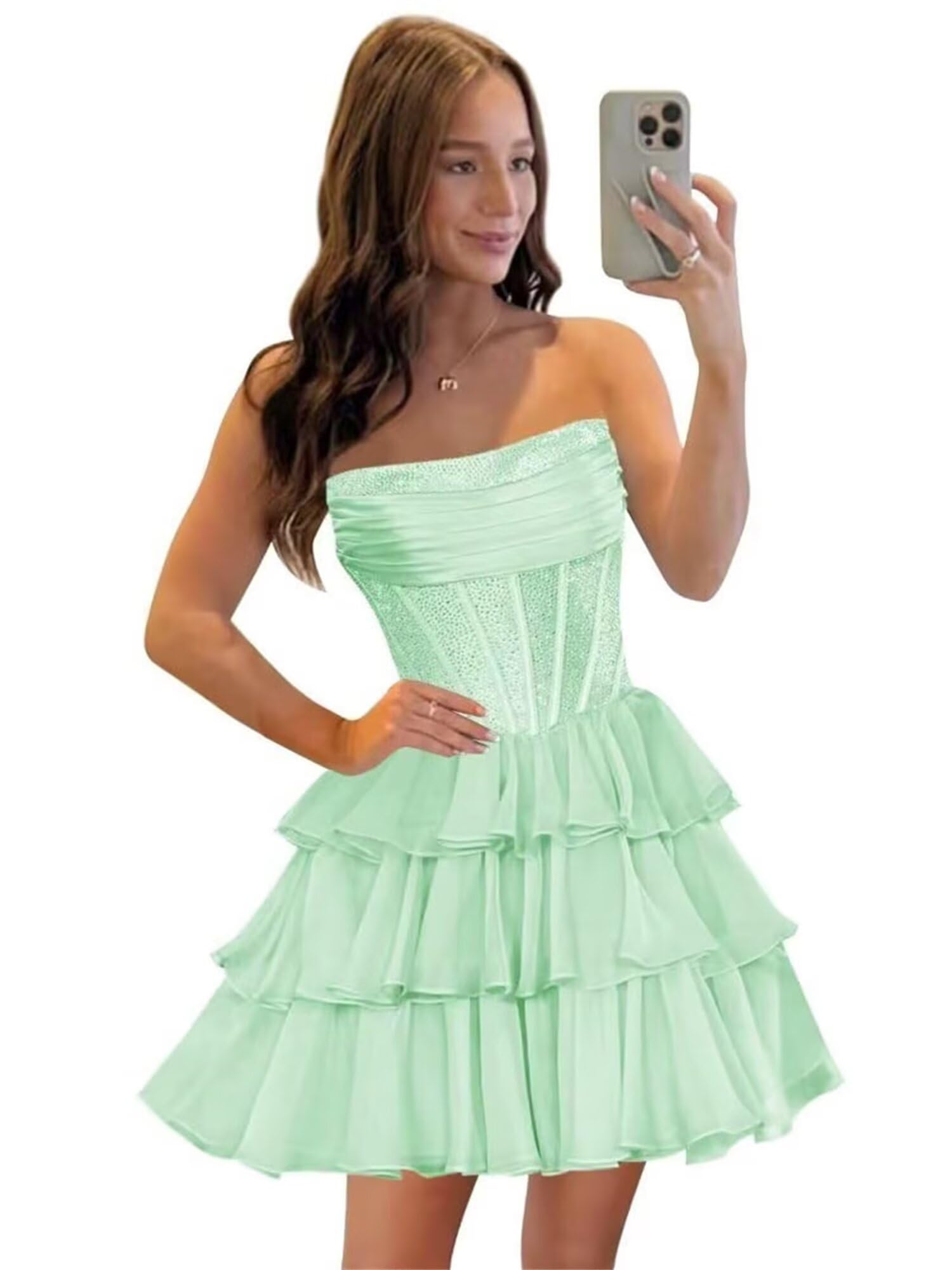 Strapless Sequin Chiffon Tiered Homecoming Dresses| A-Line Ruched Corset Short Prom Dresses
