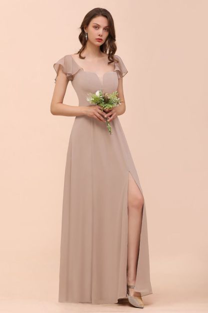 Cap Ruffle Sleeves Bridesmaid Dress with Side Slit