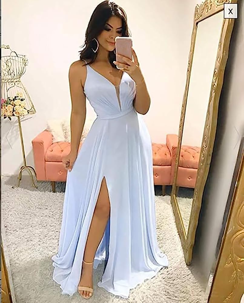 Modest Aline Bridesmaid Dresses V-Neck Slit Chiffon Wedding Guest Dress Sleeveless