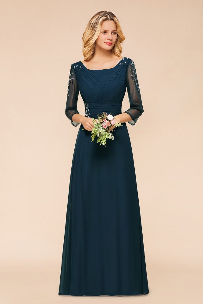 3/4 Sleeves Aline Long Bridesmaid Dress Rhinestone Floor Length evening Dress
