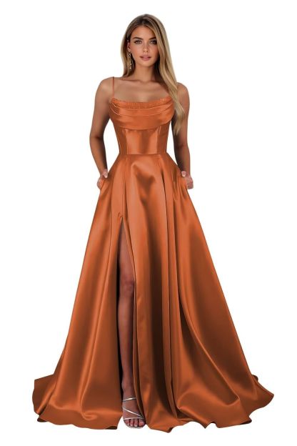 Spaghetti Straps Ruched Satin Prom Dresses Sleeveless Maxi Formal Evening Gown with Slit