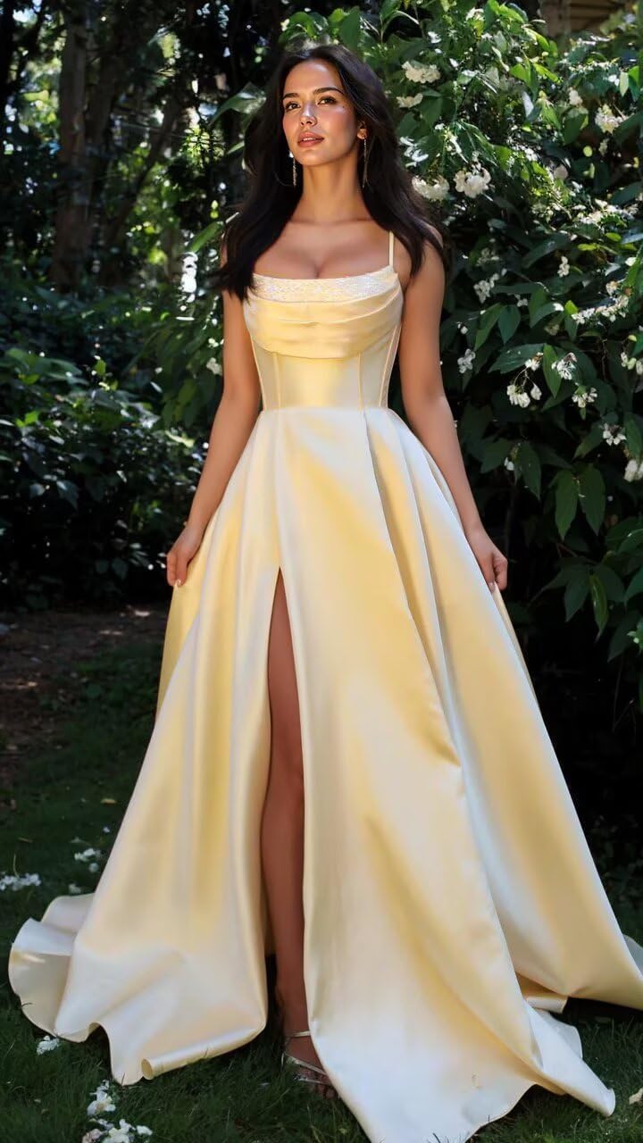 Spaghetti Straps Ruched Satin Prom Dresses Sleeveless Maxi Formal Evening Gown with Slit