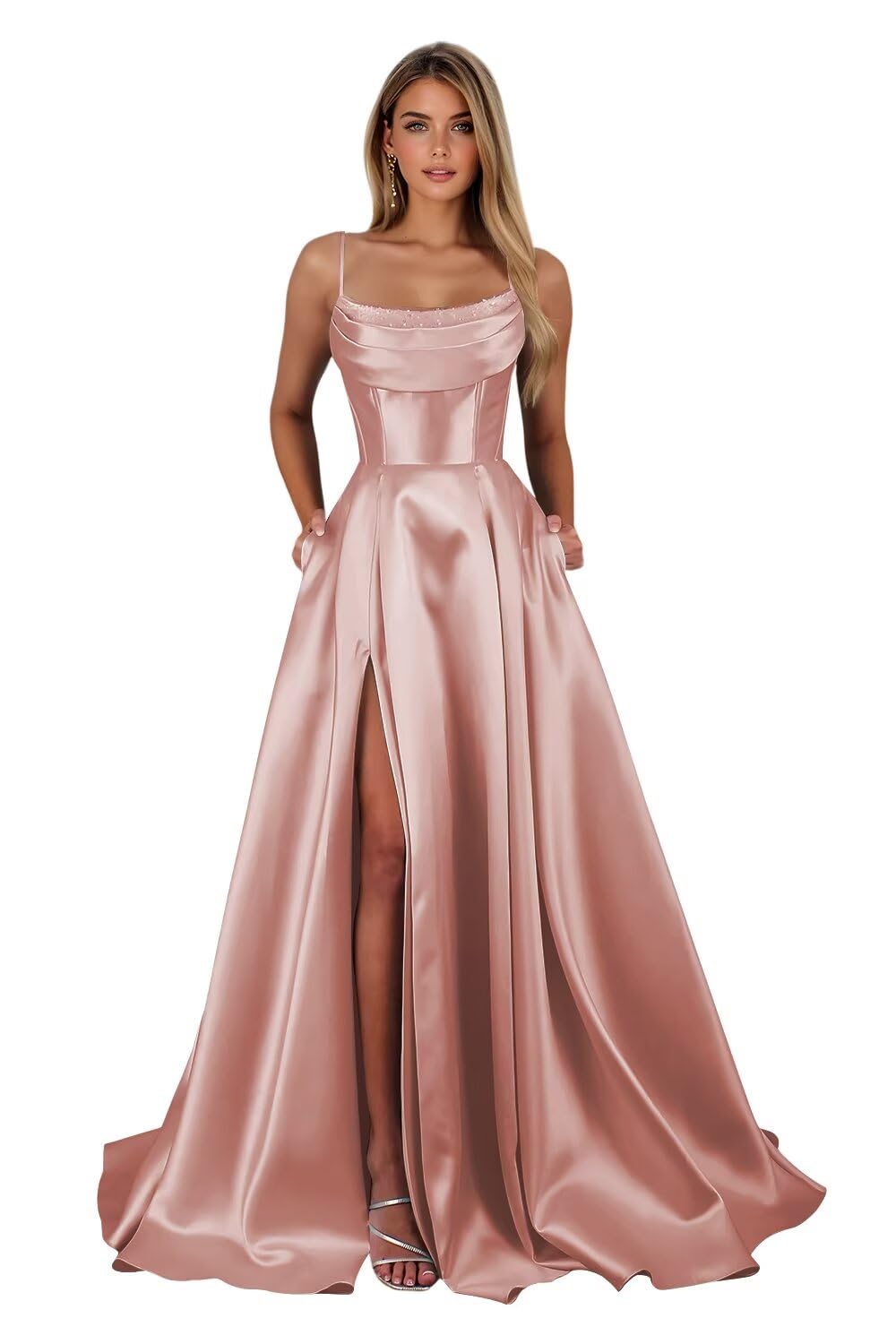 Spaghetti Straps Ruched Satin Prom Dresses Sleeveless Maxi Formal Evening Gown with Slit