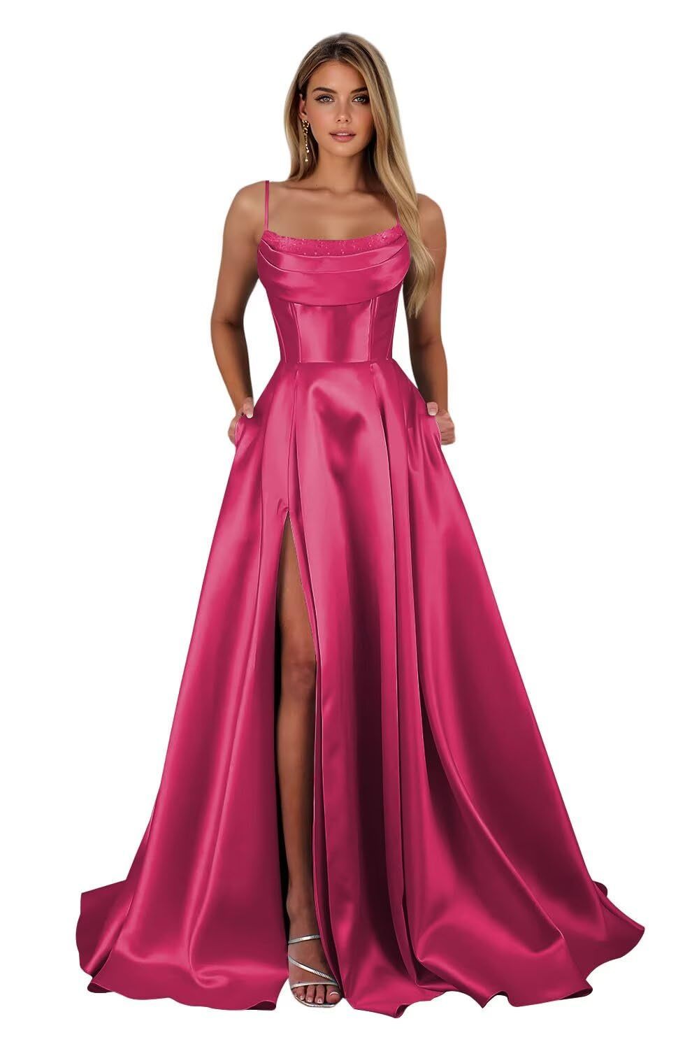 Spaghetti Straps Ruched Satin Prom Dresses Sleeveless Maxi Formal Evening Gown with Slit