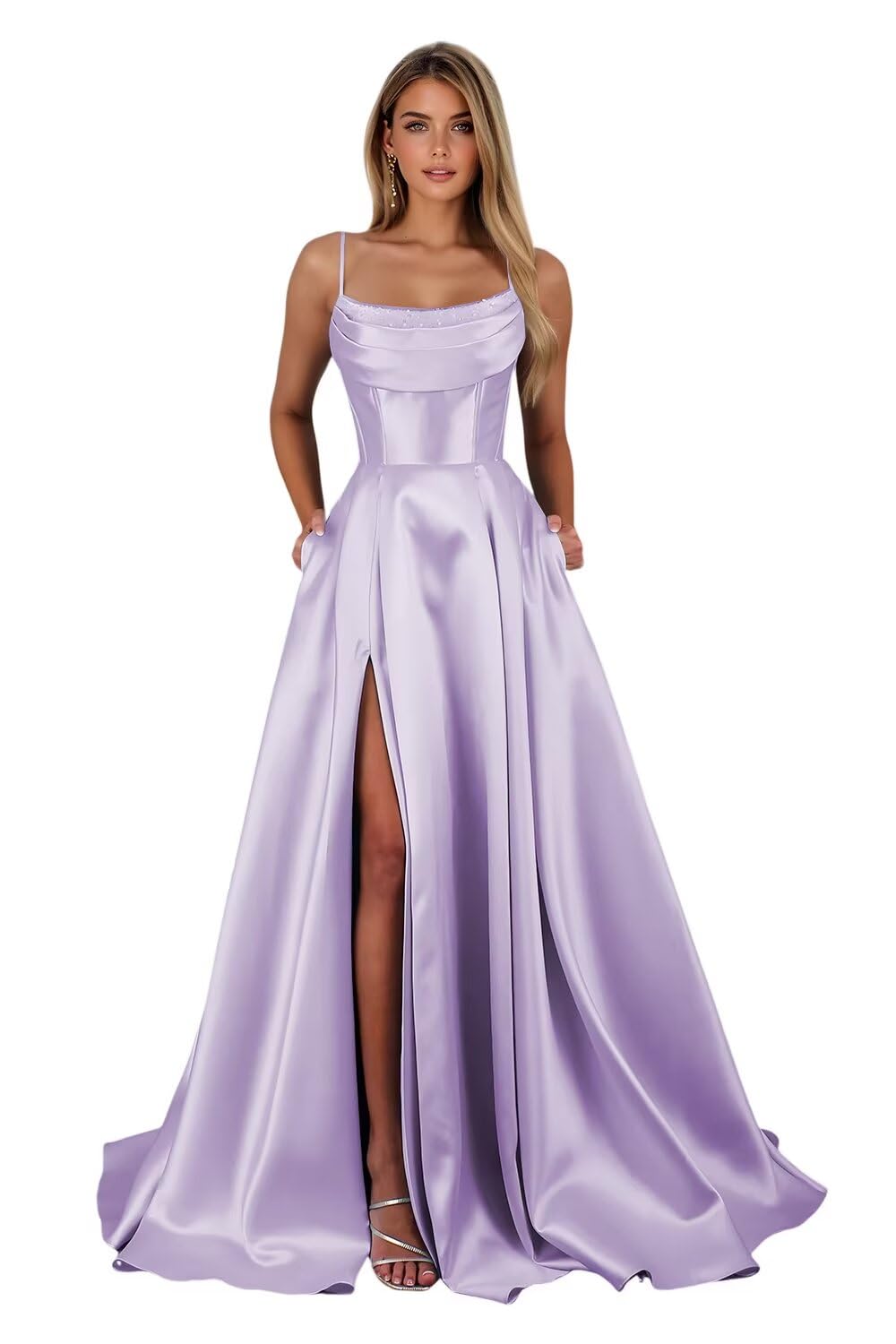 Spaghetti Straps Ruched Satin Prom Dresses Sleeveless Maxi Formal Evening Gown with Slit