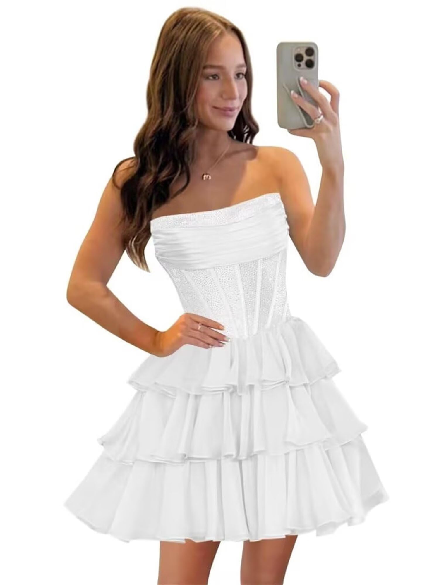 Strapless Sequin Chiffon Tiered Homecoming Dresses| A-Line Ruched Corset Short Prom Dresses
