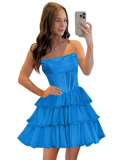 Strapless Sequin Chiffon Tiered Homecoming Dresses| A-Line Ruched Corset Short Prom Dresses